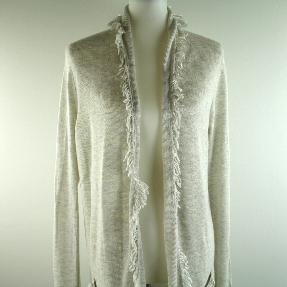 Lilly Pulitzer Bridget Heathered Grey Fringe Trim Open Cardigan Sweater L - Picture 3 of 7